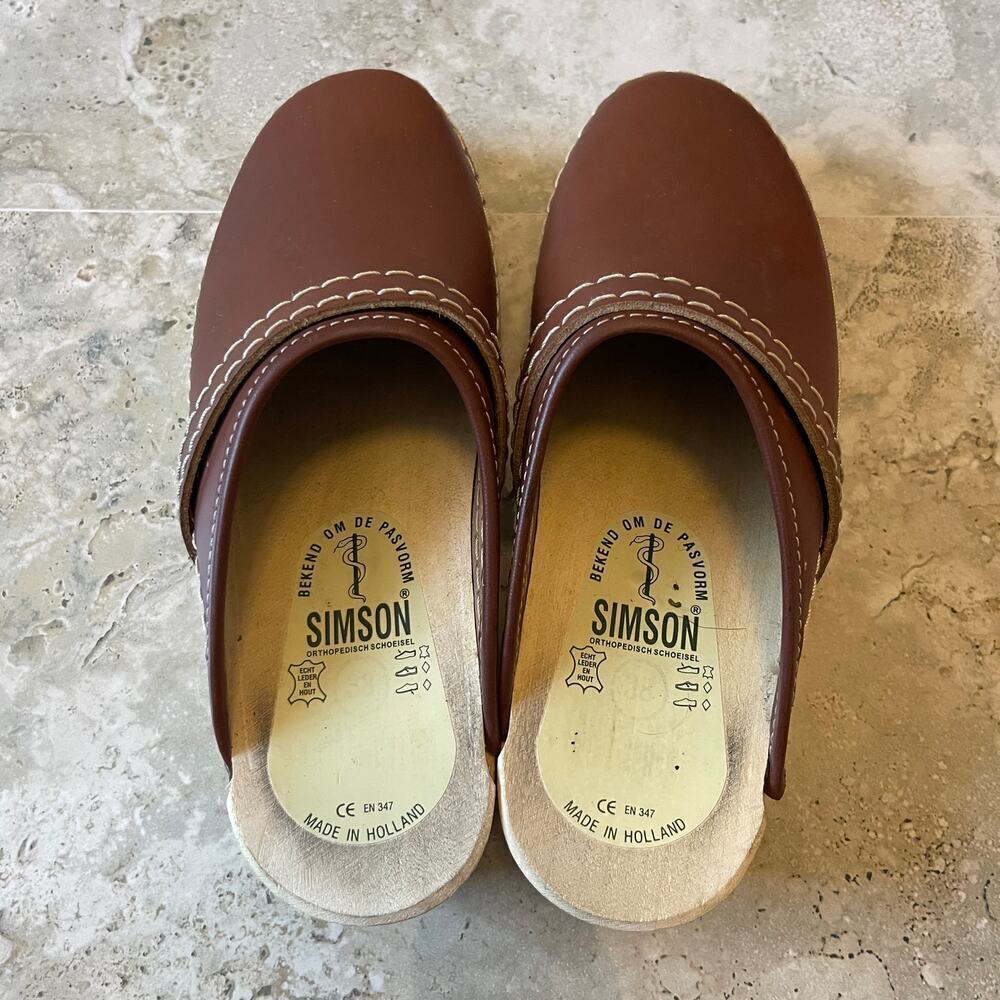 Simson Brown Leather Wood Sole Women's Clogs Slip On Size 38 EU / 7 US - Picture 3 of 10
